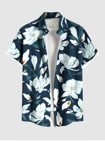 Plus Size Flowers Leaf Print Buttons Pocket Hawaii Shirt For Men - DEEP GREEN - 6XL
