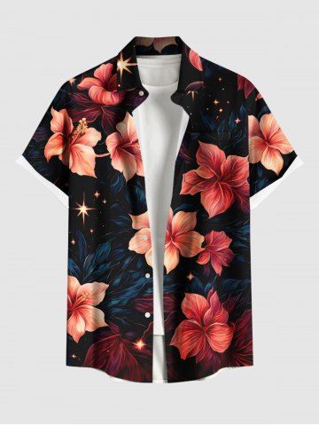Plus Size Hibiscus Flower Leaf Glitter Stars Print Hawaii Button Pocket Shirt For Men - BLACK - 6XL