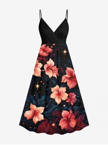 Plus Size Hibiscus Flower Leaf Glitter Stars Print Hawaii Surplice A Line Cami Dress - BLACK - XS