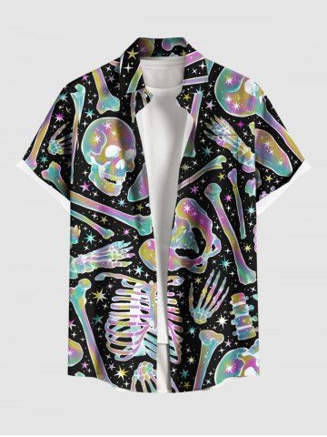 Plus Size Colorful Ombre Skull Skeleton Bone Galaxy Print Halloween Button Pocket Shirt For Men - BLACK - 3XL