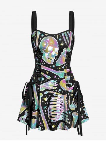 Colorful Ombre Skull Skeleton Bone Galaxy Print Halloween Costume Lace Up A Line Dress - BLACK - L