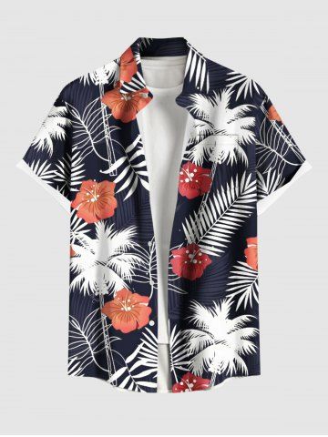 Plus Size Tropical Leaf Coconut Tree Hibiscus Flower Print Hawaii Button Pocket Shirt For Men - BLACK - 3XL