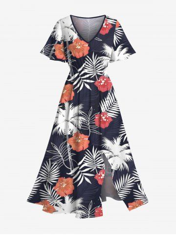 Plus Size Tropical Leaf Coconut Tree Hibiscus Flower Print Hawaii Split Pocket A Line Midi Dress - BLUE - 6X