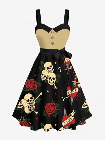 Plus Size Skull Rose Flower Heart Print Halloween Costume Button A Line Dress with Removable Belt - BLACK - 3X