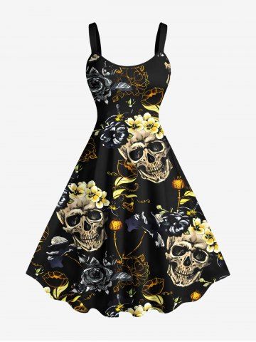 Plus Size Skull Flower Print Hawaii A Line Tank Dress - BLACK - 2X