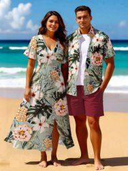 Pineapple Hibiscus Flower Tropical Leaf Print Plus Size Matching Hawaii Beach Outfit For Couples -  