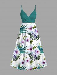 Plus Size Flowers Tropical Leaf Print Surplice Hawaii Cami Dress -  