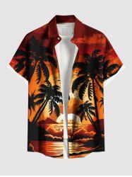 Plus Size Coconut Tree Sun Seascape Print Buttons Pocket Hawaii Shirt For Men -  