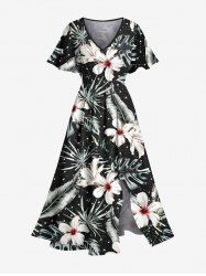 Robe mi-longue hawaïenne fendue à imprimé feuilles tropicales et fleurs grande taille - Noir 2X
