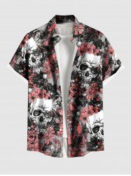 Chemise à boutons et poches pour homme, grande taille, motif tête de mort, roses et fleurs, pour Halloween - Gris Foncé 2XL