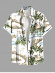 Plus Size Coconut Tree Flowers Leaf Tropical Print Buttons Pocket Hawaii Shirt For Men -  