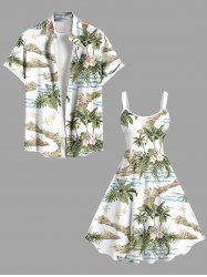 Coconut Tree Flowers Leaf Tropical Print Plus Size Matching Hawaii Beach Outfit For Couples -  
