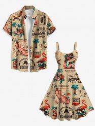 Tenue de plage hawaïenne assortie grande taille, motif cocotier, fleurs d'hibiscus et flamant rose, pour couples - café lumière 
