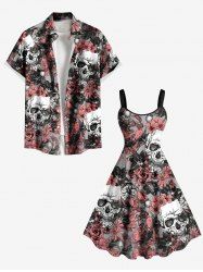Halloween Costume Skulls Rose Flowers Print Plus Size Matching Beach Outfit For Couples -  