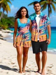 Coconut Tree Colorful Sky Moon Star Print Plus Size Matching Hawaii Beach Outfit For Couples -  