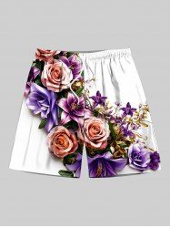 Plus Size Rose Flower Leaf Print Hawaii Drawstring Pocket Beach Shorts For Men -  