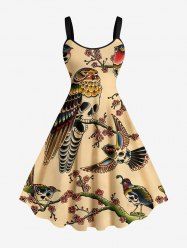 Robe trapèze grande taille à imprimé tête de mort, oiseau, fleur, branche, costume d'Halloween - café lumière 6X