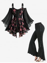 Rose Flower Printed Belted 2 in 1 Top and Lace Up Scalloped High Low Asymmetric Flare Pants Plus Size Outfit -  