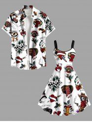 Skull Flower Heart Snake Cherry Print Plus Size Matching Outfit For Couples -  