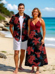 Tenue de plage hawaïenne assortie grande taille à imprimé fleuri et feuilles pour couples - Rouge 