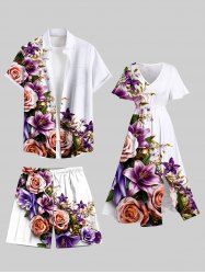 Rose Flower Leaf Print Plus Size Matching Hawaii Beach Outfit For Couples -  