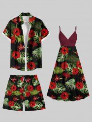 Tenue de plage hawaïenne assortie grande taille à imprimé feuilles tropicales et fleurs d'hibiscus pour couples - Rouge 