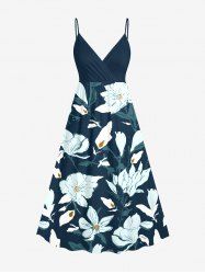Plus Size Flowers Leaf Print Surplice Hawaii Cami Dress -  
