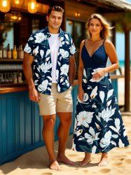 Flowers Leaf Print Plus Size Matching Hawaii Beach Outfit For Couples -  