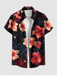 Plus Size Hibiscus Flower Leaf Glitter Stars Print Hawaii Button Pocket Shirt For Men -  