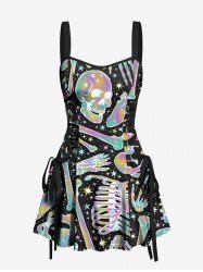 Colorful Ombre Skull Skeleton Bone Galaxy Print Halloween Costume Lace Up A Line Dress -  