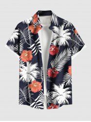 Chemise hawaïenne grande taille à imprimé feuilles tropicales, cocotiers, fleurs d'hibiscus et boutons avec poche pour homme - Noir 2XL