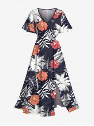 Robe mi-longue trapèze grande taille à imprimé feuilles tropicales, cocotiers, fleurs d'hibiscus, style hawaïen, poches fendues - Bleu 6X
