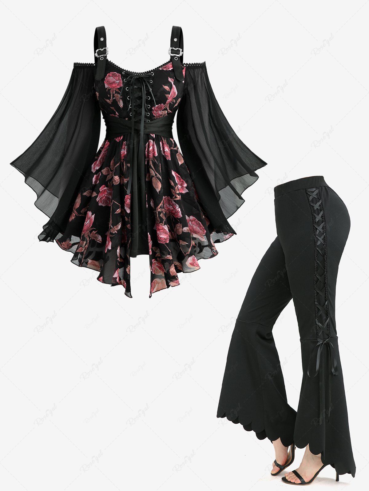 Shops Rose Flower Printed Belted 2 in 1 Top and Lace Up Scalloped High Low Asymmetric Flare Pants Plus Size Outfit  