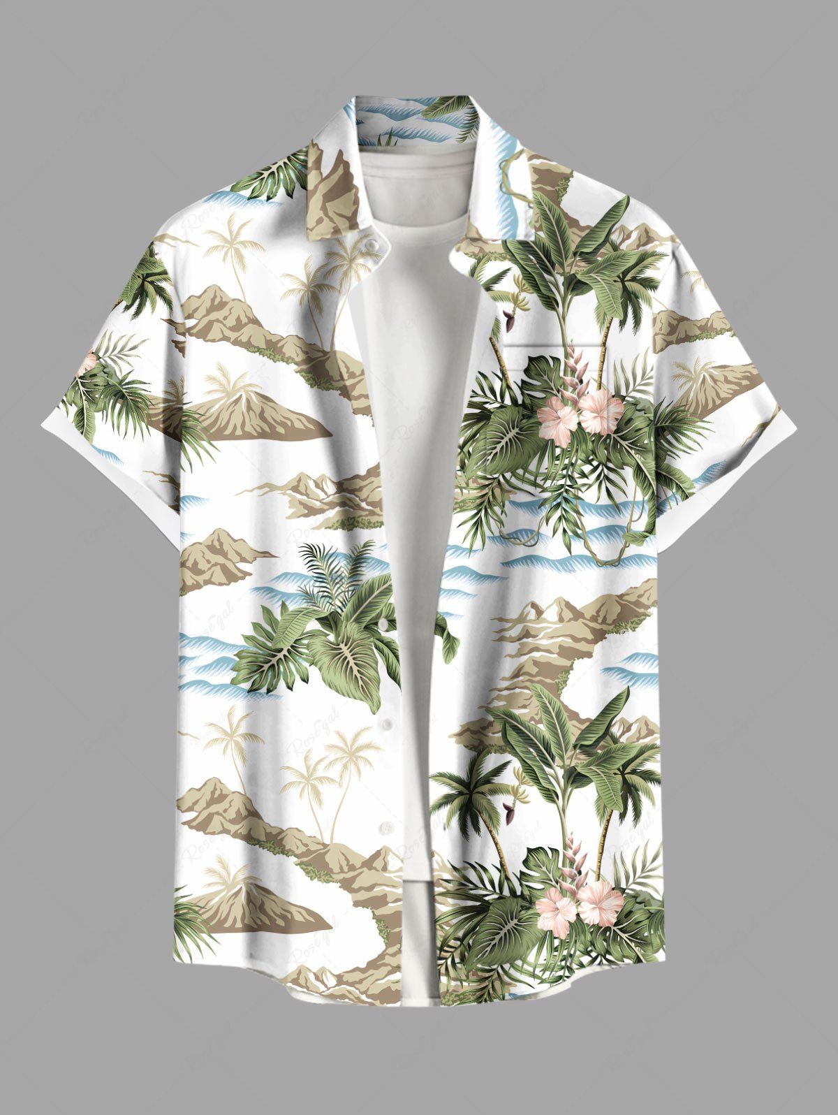 Chemise hawaïenne grande taille à imprimé tropical, fleurs, feuilles et cocotiers, avec poches et boutons, pour homme Blanc 5XL
