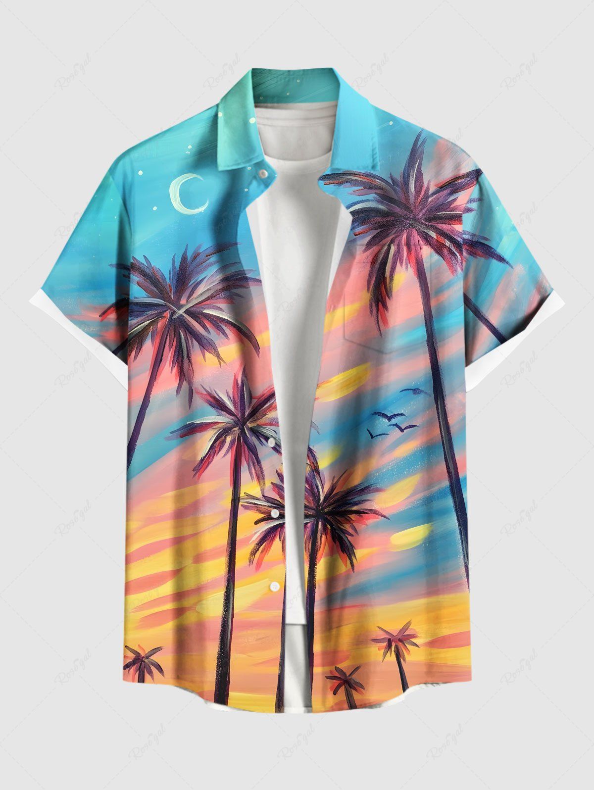 Best Plus Size Coconut Tree Colorful Sky Moon Star Print Buttons Pocket Hawaii Shirt For Men  