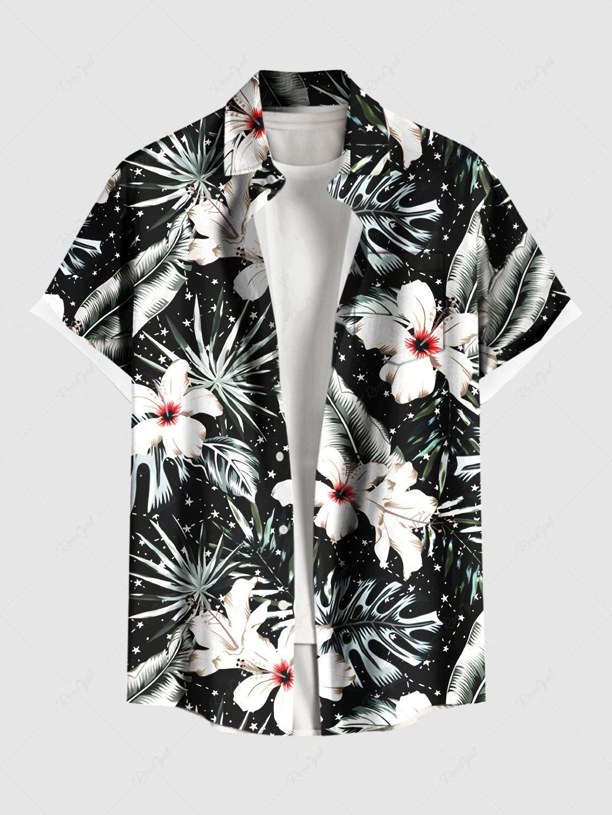 Chemise hawaïenne grande taille à imprimé floral et feuilles tropicales pour homme Noir 3XL