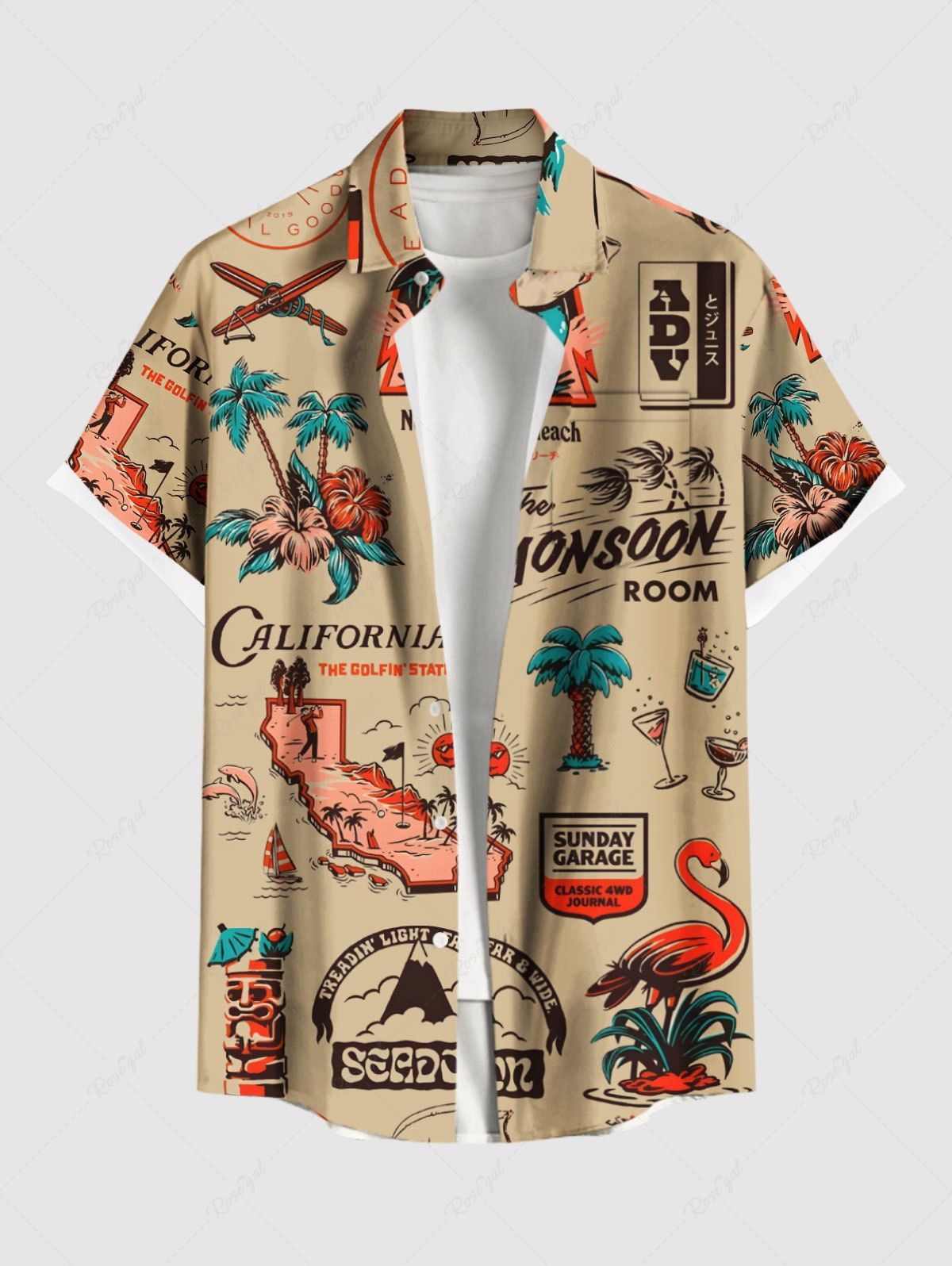 Chemise hawaïenne grande taille à imprimé flamant rose, hibiscus, cocotier et fleurs, avec poches et boutons, pour homme café lumière 3XL