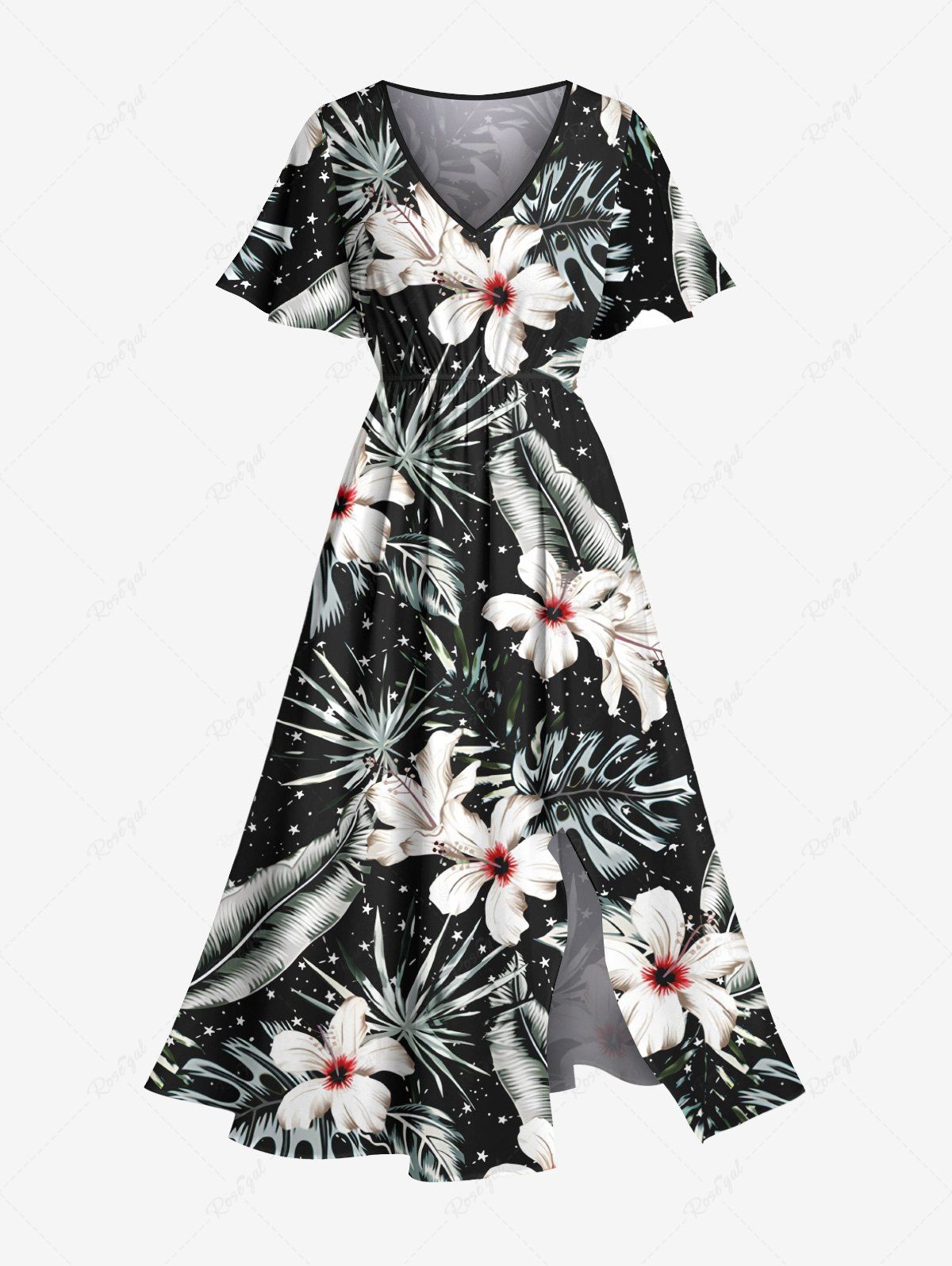 Robe mi-longue hawaïenne fendue à imprimé feuilles tropicales et fleurs grande taille Noir 6X