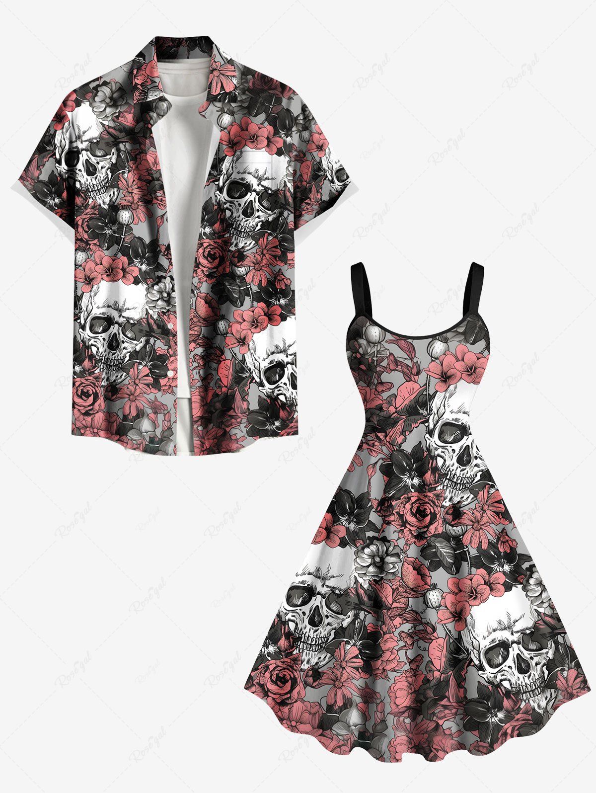 Outfits Halloween Costume Skulls Rose Flowers Print Plus Size Matching Beach Outfit For Couples  