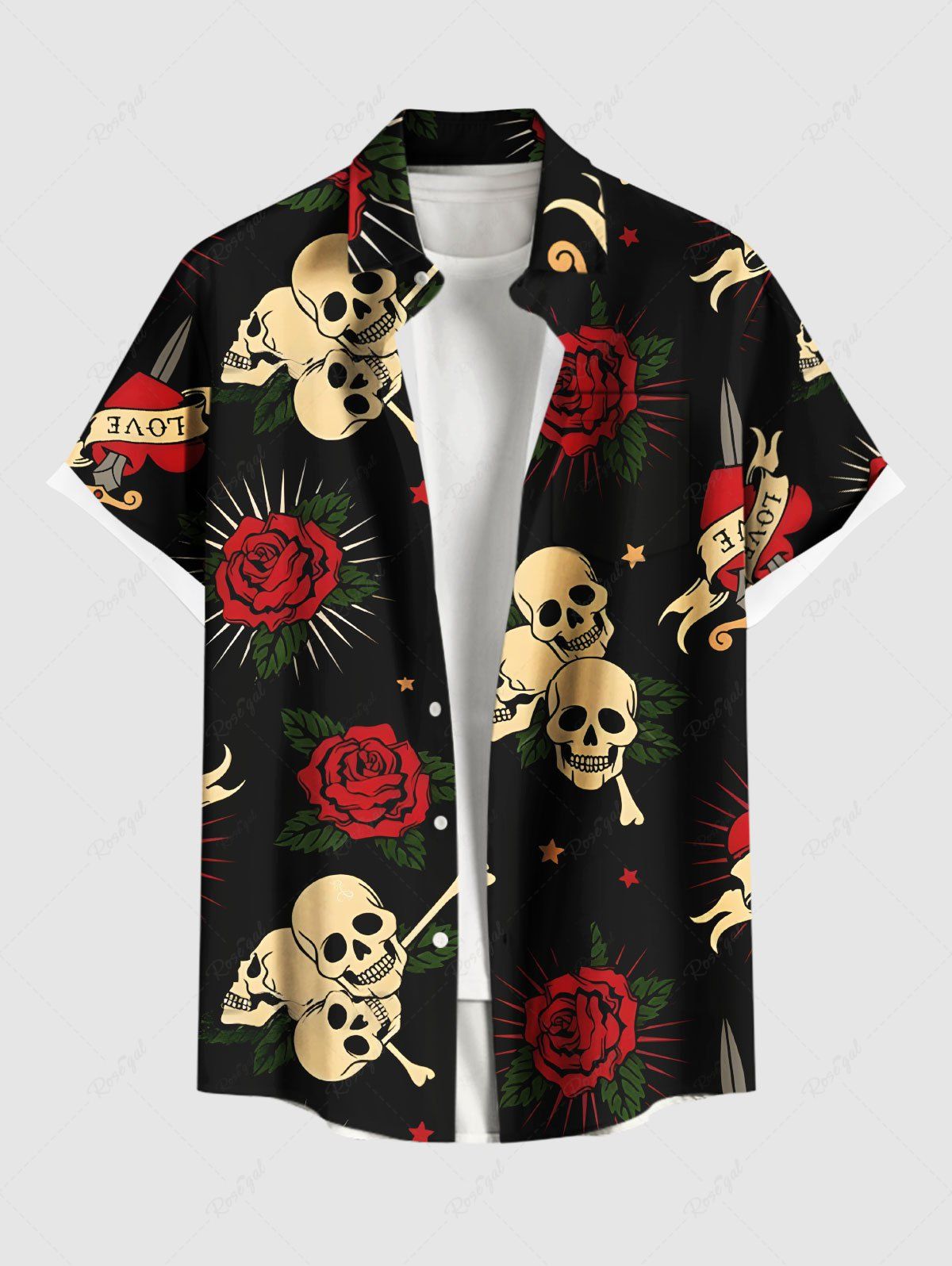 Chemise grande taille à imprimé tête de mort, rose, fleur, cœur, Halloween, boutonnée et poche pour homme Noir S