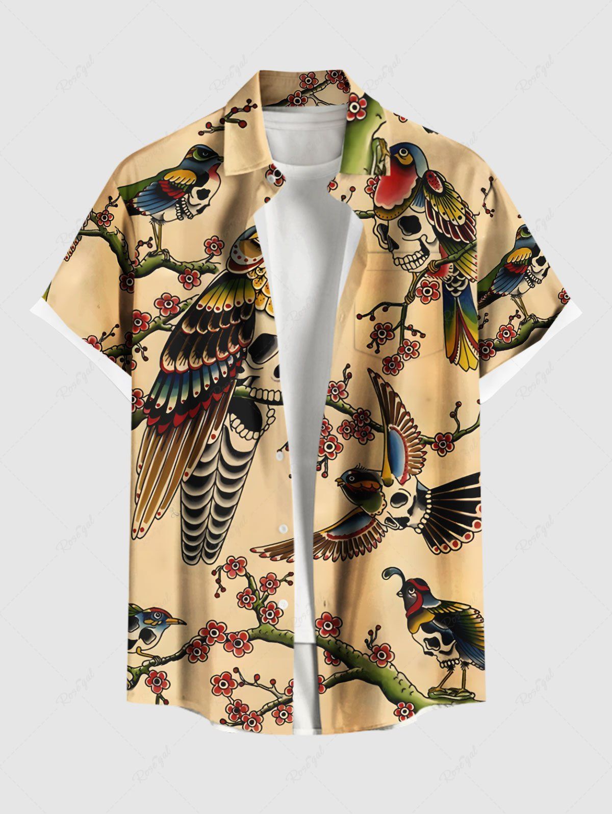 Unique Plus Size Skull Bird Flower Branch Print Halloween Button Pocket Shirt For Men  
