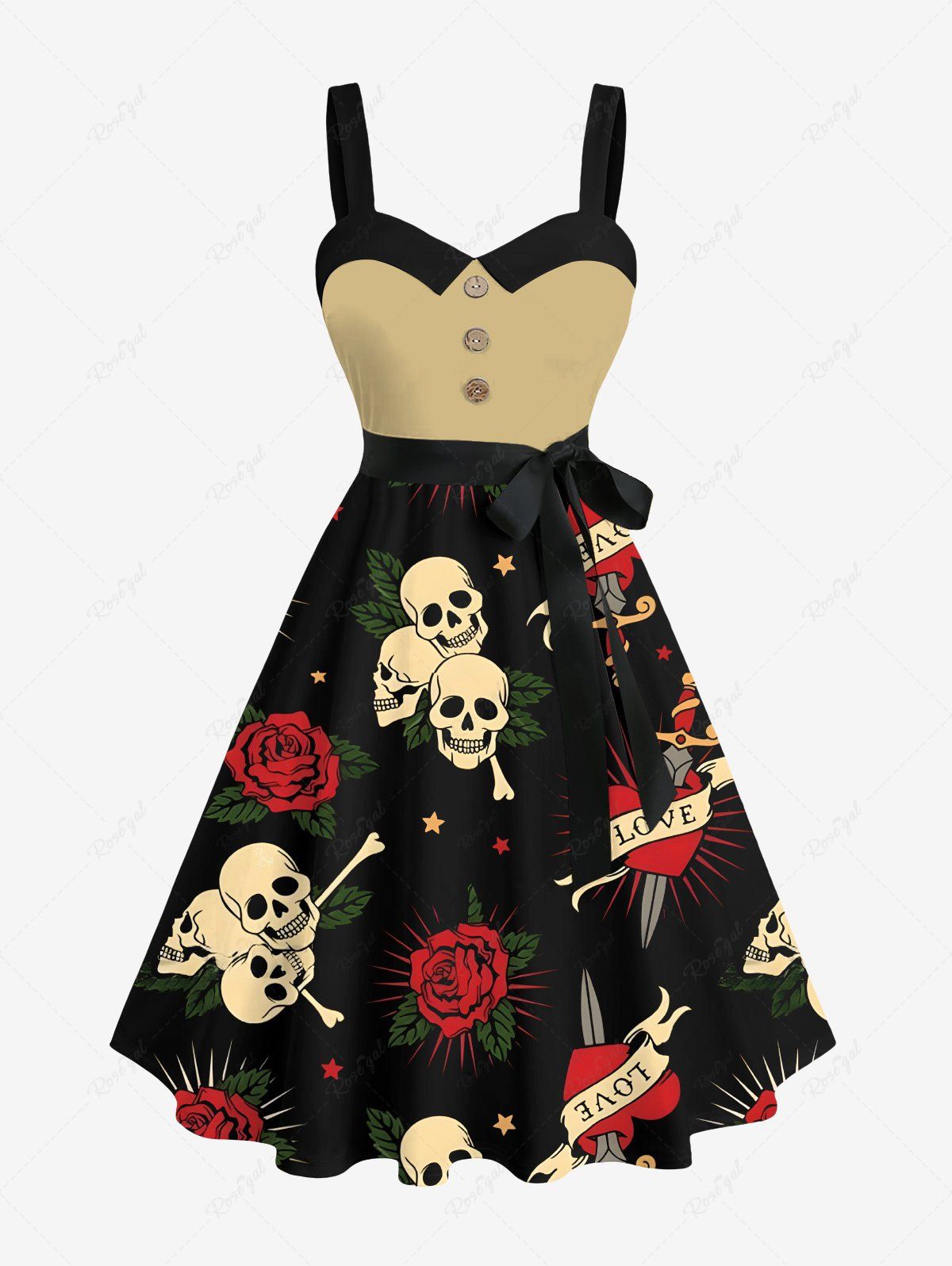 Cheap Plus Size Skull Rose Flower Heart Print Halloween Costume Button A Line Dress with Removable Belt  