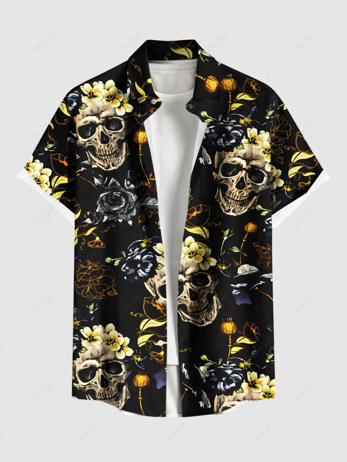 Chemise hawaïenne grande taille à imprimé tête de mort et fleurs pour homme Noir 5XL