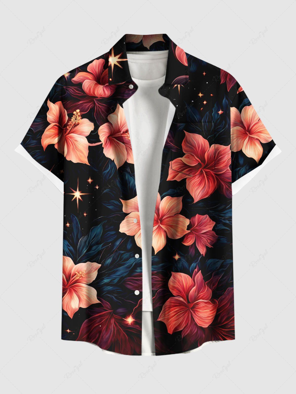 Affordable Plus Size Hibiscus Flower Leaf Glitter Stars Print Hawaii Button Pocket Shirt For Men  