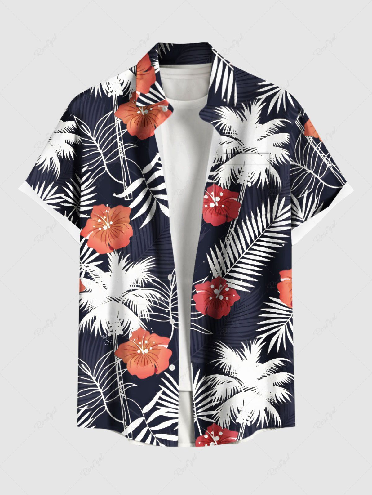 Chemise hawaïenne grande taille à imprimé feuilles tropicales, cocotiers, fleurs d'hibiscus et boutons avec poche pour homme Noir 2XL