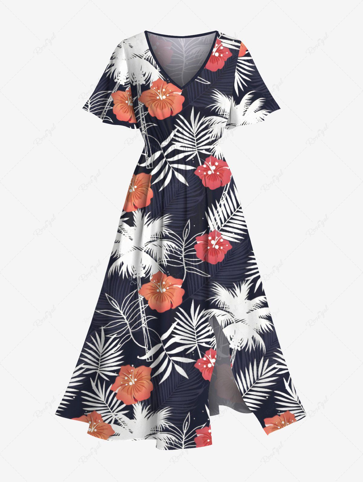 Robe mi-longue trapèze grande taille à imprimé feuilles tropicales, cocotiers, fleurs d'hibiscus, style hawaïen, poches fendues Bleu 6X