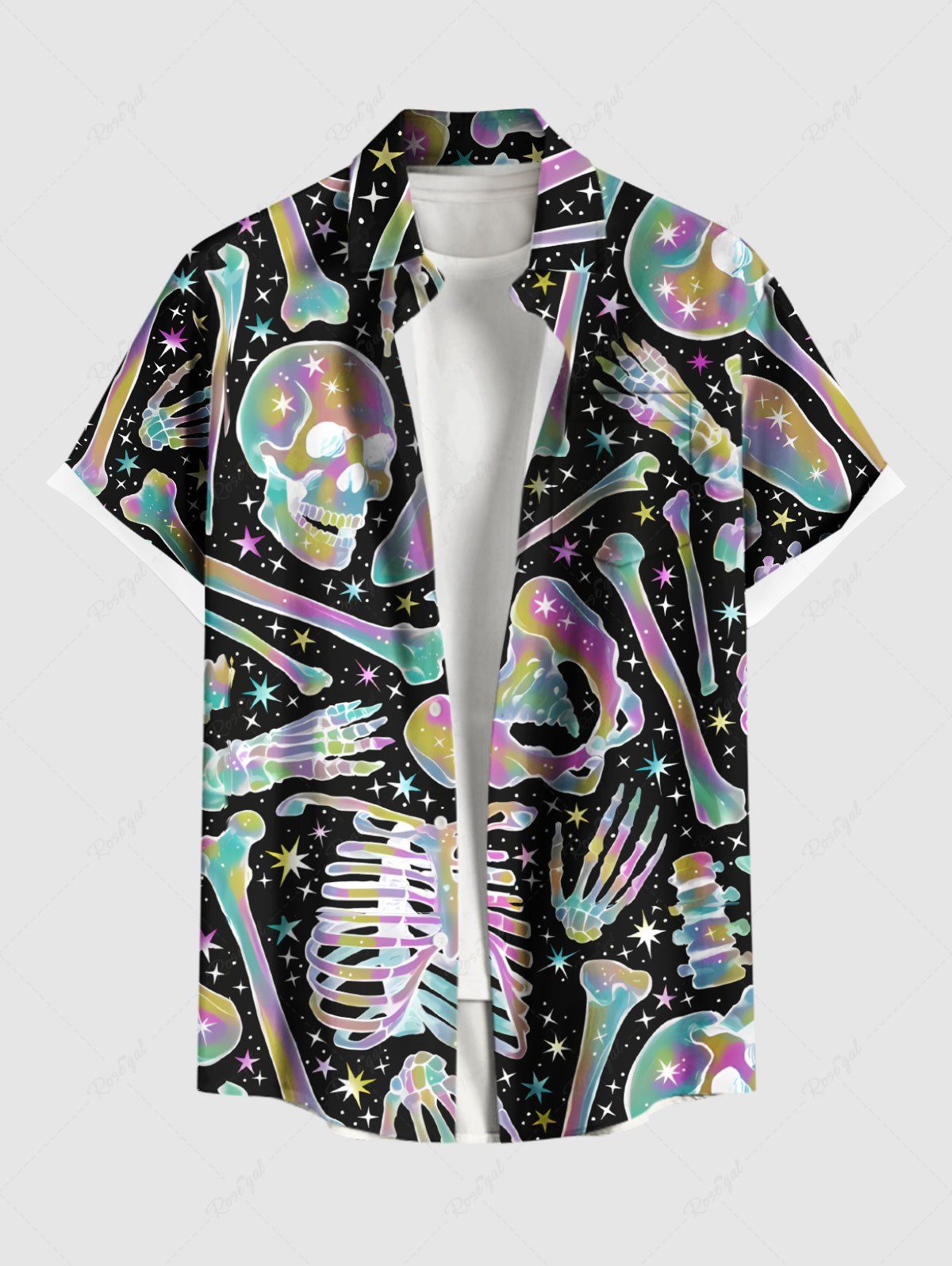 Chemise grande taille colorée à imprimé crâne, squelette, galaxie, Halloween, bouton et poche pour homme Noir 3XL