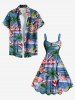 Tenue de plage hawaïenne assortie grande taille à imprimé cocotier, flamant rose et fleurs de mer pour couples - Bleu 