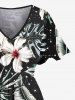 Plus Size Flowers Tropical Leaf Print Split Hawaii Midi Dress -  