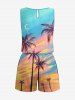 Plus Size Coconut Tree Colorful Sky Moon Star Print Cinched Hawaii Romper -  